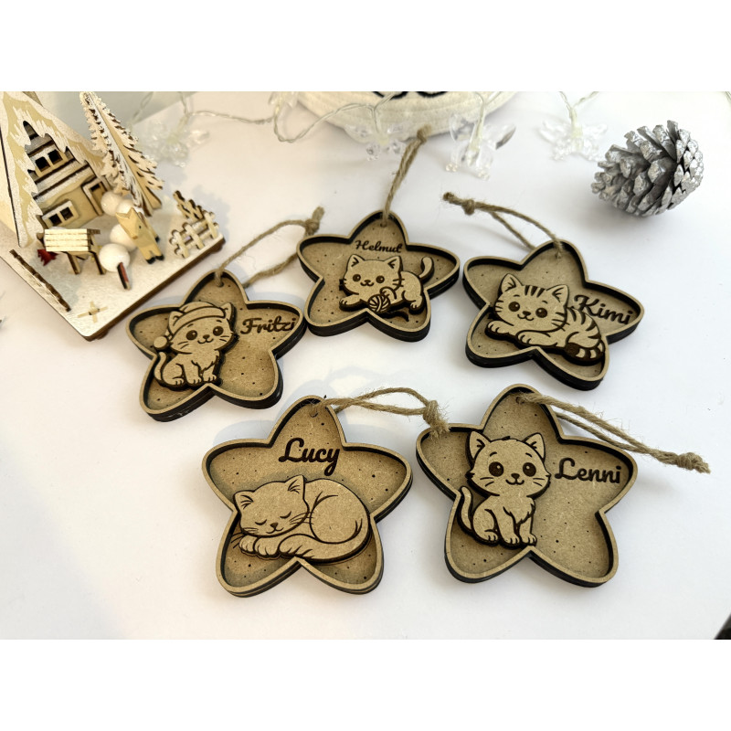 5 Stk. Personalisierte Weihnachtsanhänger mit Namen und Katzen - einzigartige Geschenke für die Feiertage