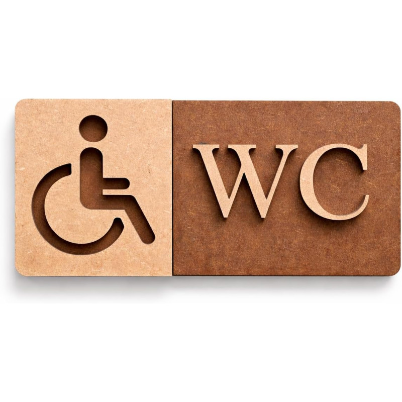 3D WC Schild Nussbaum Dunkel Holz - Toilettenschild mit Behinderten WC (16x9cm) für stilvolle Türbeschilderung