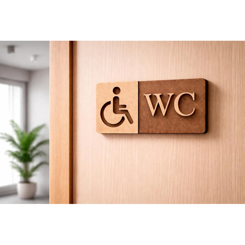 3D WC Schild Nussbaum Dunkel Holz - Toilettenschild mit Behinderten WC (16x9cm) für stilvolle Türbeschilderung