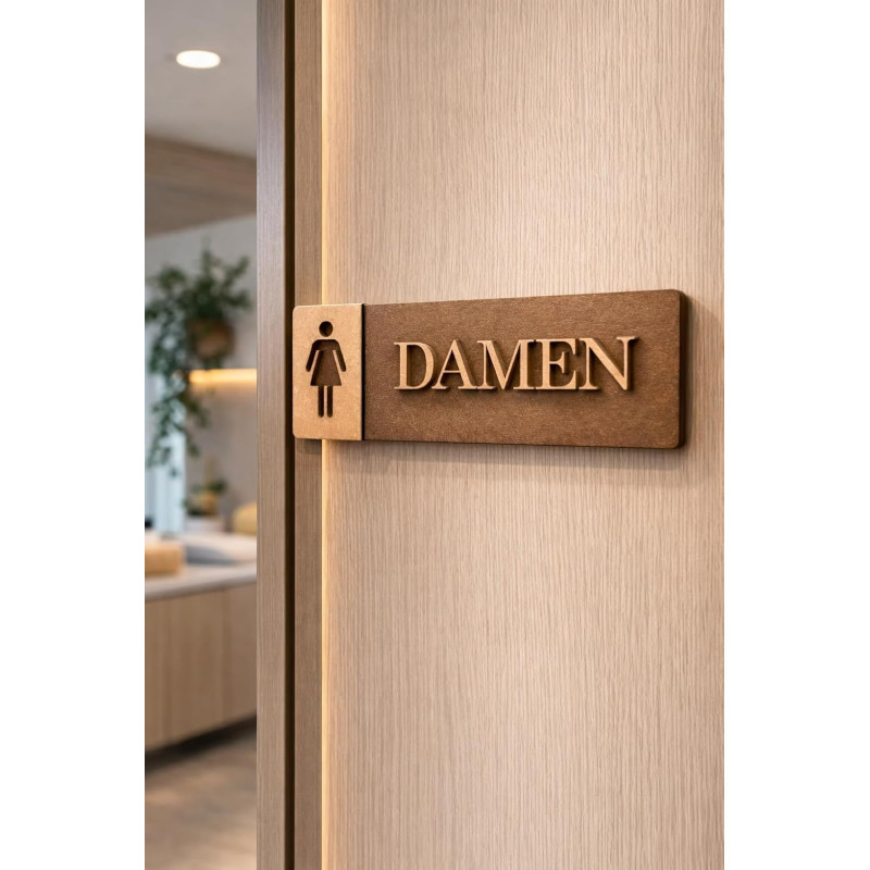 3D WC Schild Nussbaum Dunkel Holz - Toilettenschild mit WC Damen (27x9cm) für stilvolle Türbeschilderung