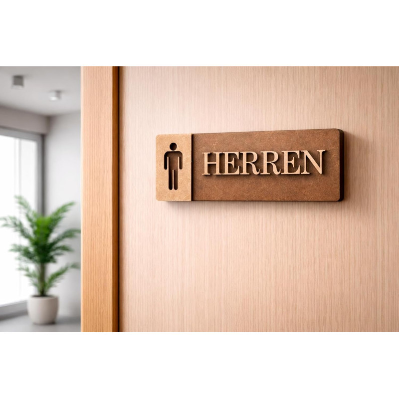 3D WC Schild Nussbaum Dunkel Holz - Stilvolles Toilettenschild mit WC Herren (27x9cm) für elegante Türbeschilderung