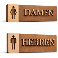 3D WC Schild Nussbaum Dunkel Holz - Elegantes Toilettenschild mit Damen + Herren Symbol (27x9cm) für stilvolle Türbeschilderung