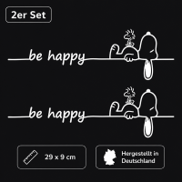 Snoopy & Woodstock Aufkleber Set "Be Happy" – 2 Stück – Schwarze Motorrad & Auto Sticker (9x29 cm)
