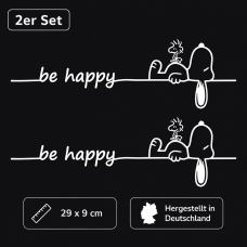 Snoopy & Woodstock Aufkleber Set "Be Happy" – 2 Stück – Schwarze Motorrad & Auto Sticker (9x29 cm)