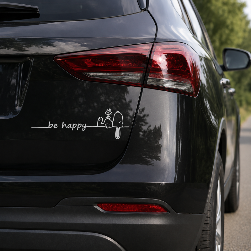 Snoopy & Woodstock Aufkleber Set "Be Happy" – 2 Stück – Schwarze Motorrad & Auto Sticker (9x29 cm)
