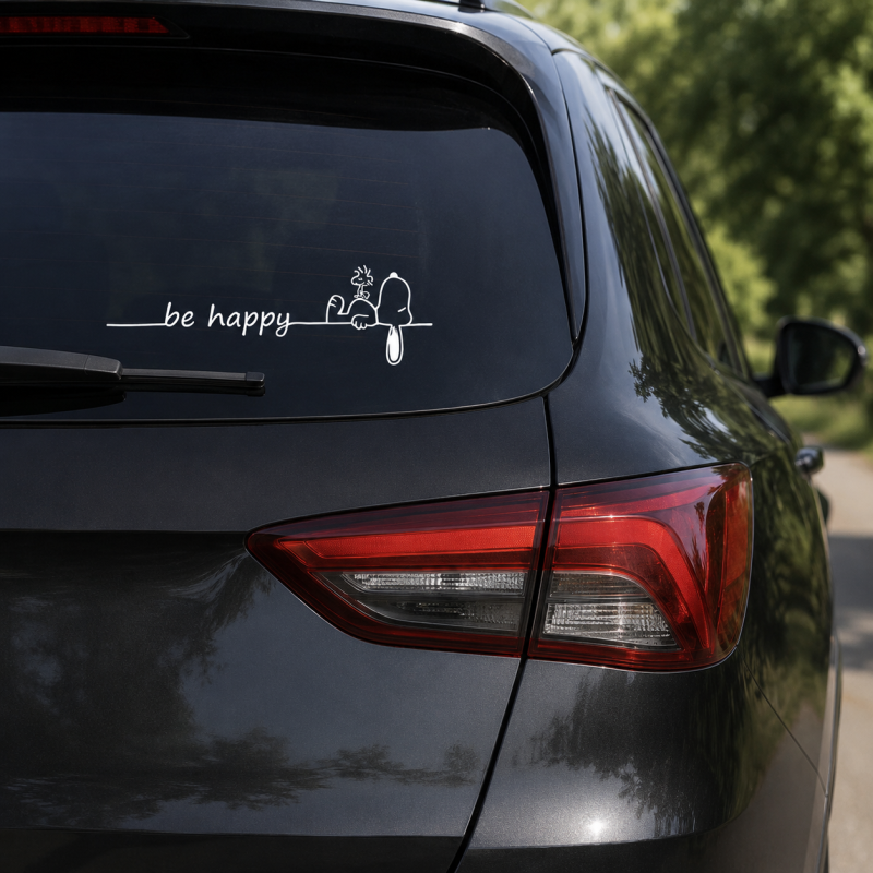 Snoopy & Woodstock Aufkleber Set "Be Happy" – 2 Stück – Schwarze Motorrad & Auto Sticker (9x29 cm)