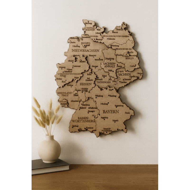 Holz 3D Karte von Deutschland mit detaillierter Schnitzerei und Gravur (Handgebeizt - 6XL – Höhe: 100 cm (1 m))