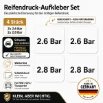 Reifendruck Hinweis Aufkleber Set Schwarz – 2× 2.6 Bar + 2× 2.8 Bar