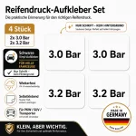Reifendruck-Hinweis Aufkleber Set – Schwarz / 2× 3.0 Bar + 2× 3.2 Bar