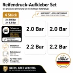 Reifendruck-Hinweis Aufkleber Set – Schwarz / 2× 2.0 Bar + 2× 2.2 Bar