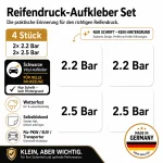 Reifendruck-Hinweis Aufkleber Set – Schwarz / 2× 2.2 Bar + 2× 2.5 Bar