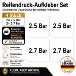 Reifendruck-Hinweis Aufkleber Set – Schwarz / 2× 2.5 Bar + 2× 2.7 Bar