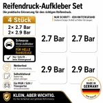 Reifendruck-Hinweis Aufkleber Set – Schwarz / 2× 2.7 Bar + 2× 2.9 Bar