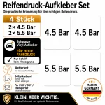 Reifendruck-Hinweis Aufkleber Set – Schwarz / 2× 4.5 Bar + 2× 5.5 Bar