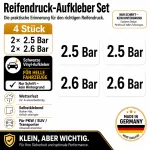 Tire Pressure Reminder Sticker Set Black – 2× 2.5 Bar + 2× 2.6 Bar