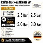 Tire Pressure Reminder Sticker Set – Black (2× 2.5 Bar + 2× 3.0 Bar)