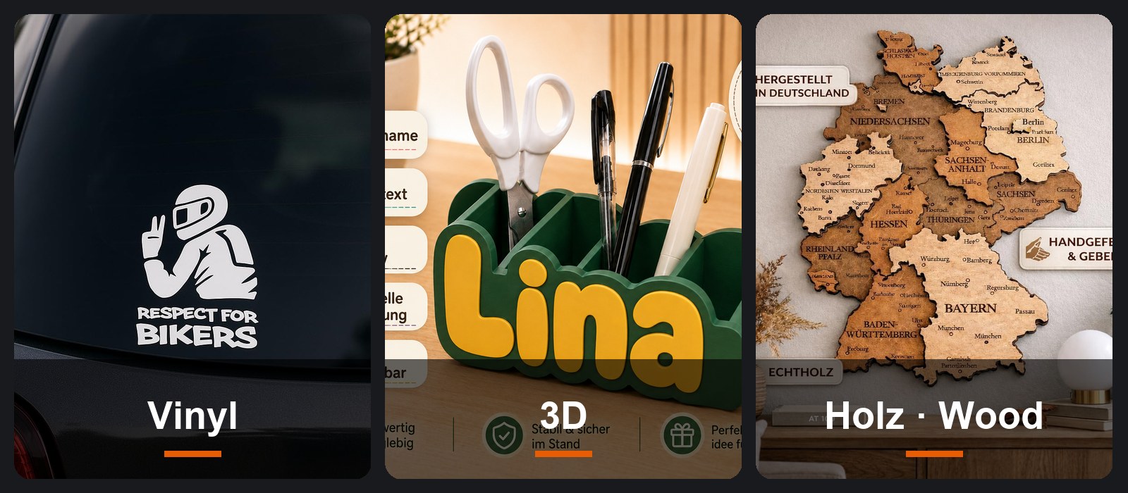 Vinyl, 3D-Druck und Holz – unsere Techniken