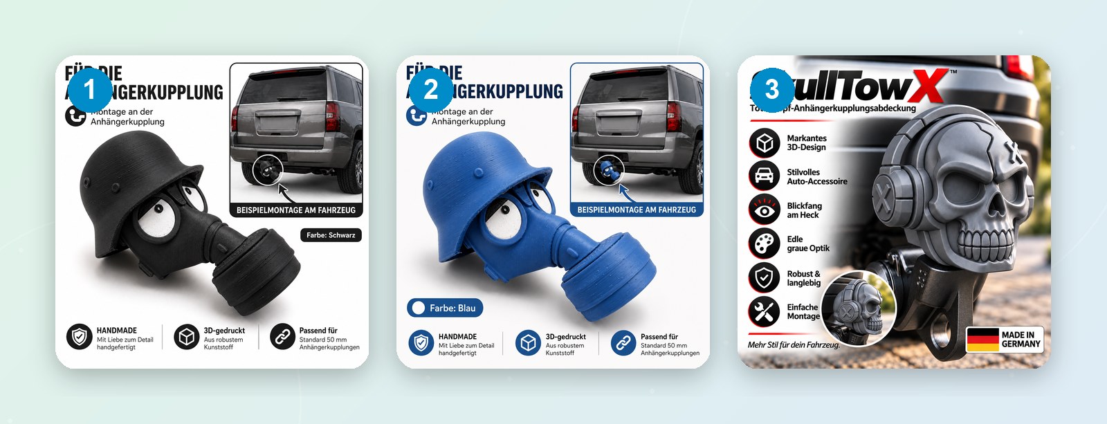 Gasmaske in Schwarz (1) und Blau (2), Totenkopf (3)