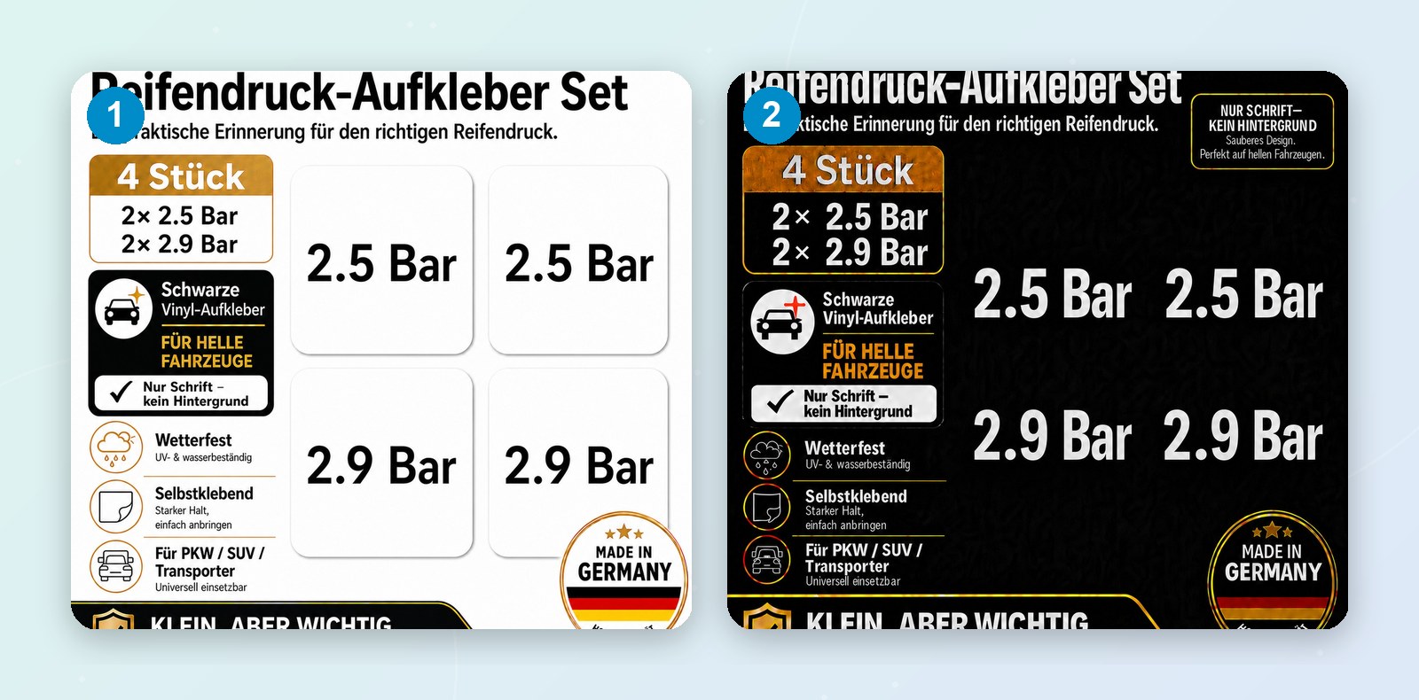 Reifendruck-Aufkleber-Set in Schwarz (1) und Weiß (2)