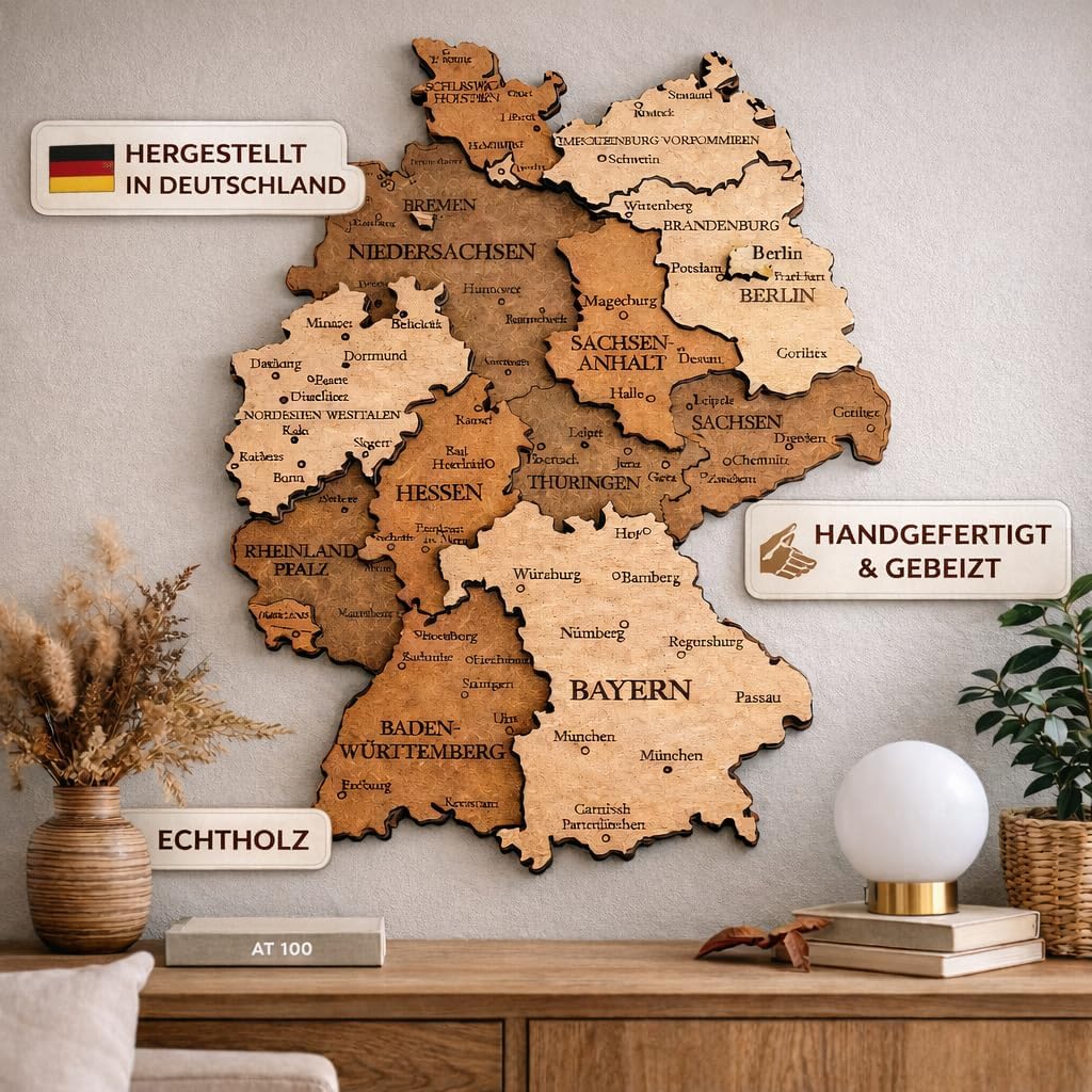 Holz 3D Karte von Deutschland mit detaillierter Schnitzerei und Gravur (Holz Natur - S – Höhe: 20 cm)