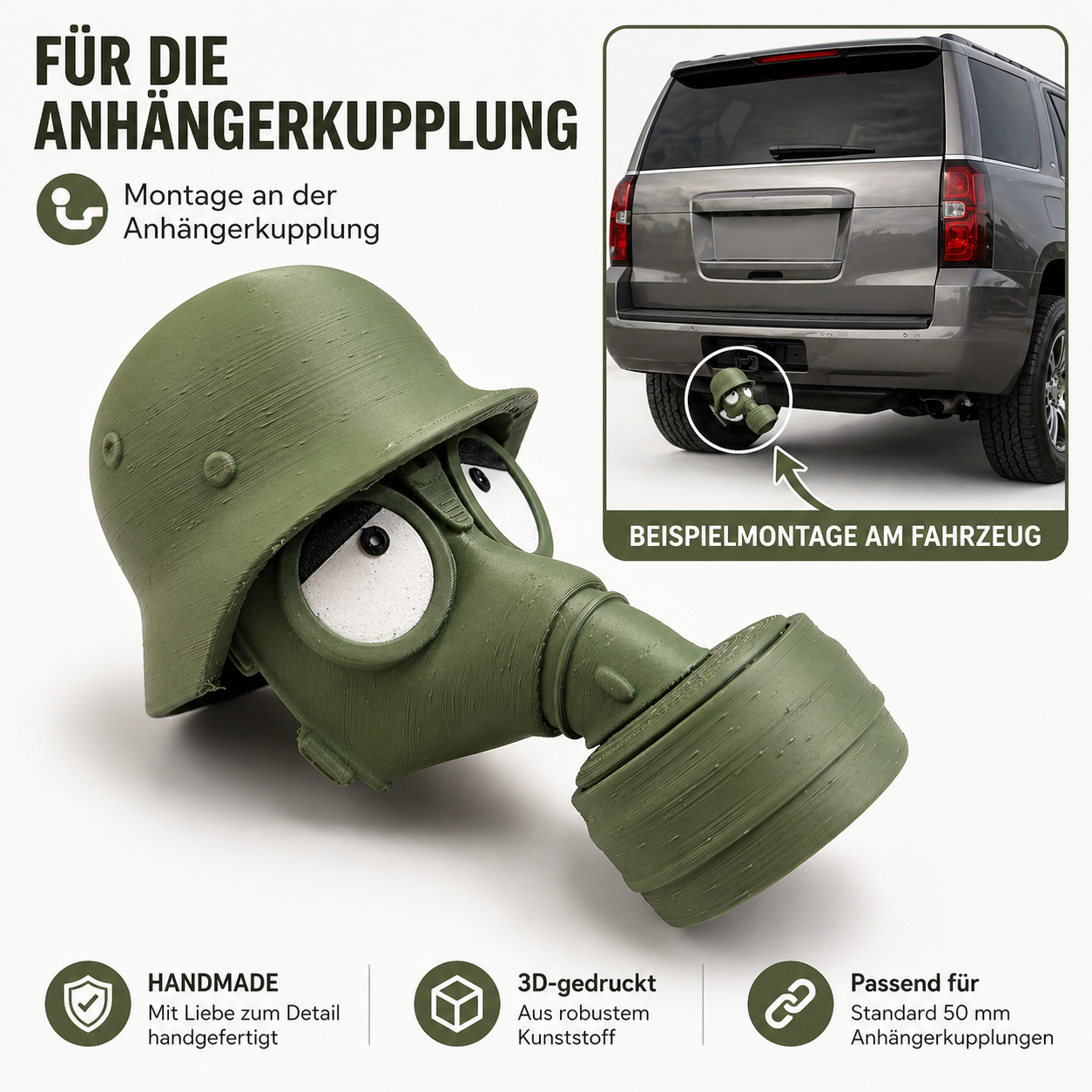 AnhängerKupplung Schutzkappe Gasmaske Helm 3D-gedruckt – lustige Anhängerkupplungsabdeckung für Auto & SUV, robustes Zubehör in Grün