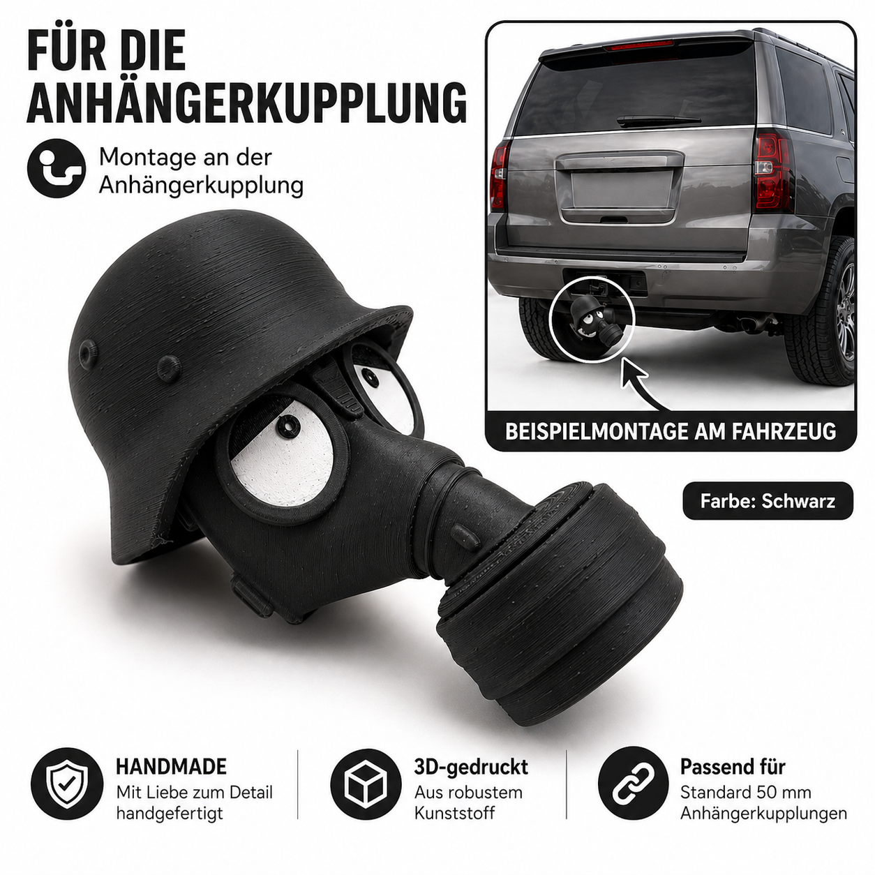 AnhängerKupplung Schutzkappe Gasmaske Helm 3D-gedruckt – lustige Abdeckung für Anhängerkupplung (Schwarz)