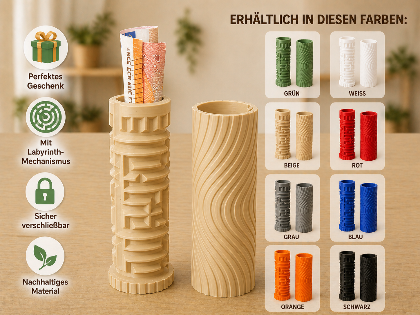 Labyrinth Geldgeschenk Safe – Rätsel Geschenkbox für Geld & Gutscheine – 3D Gedruckter Geheim-Safe als originelles Geschenk (Beige)