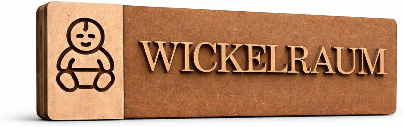 3D WC Schild Nussbaum Dunkel Holz – Stilvolles Toilettenschild mit Wickelraum (27x9cm) für elegante Türbeschilderung