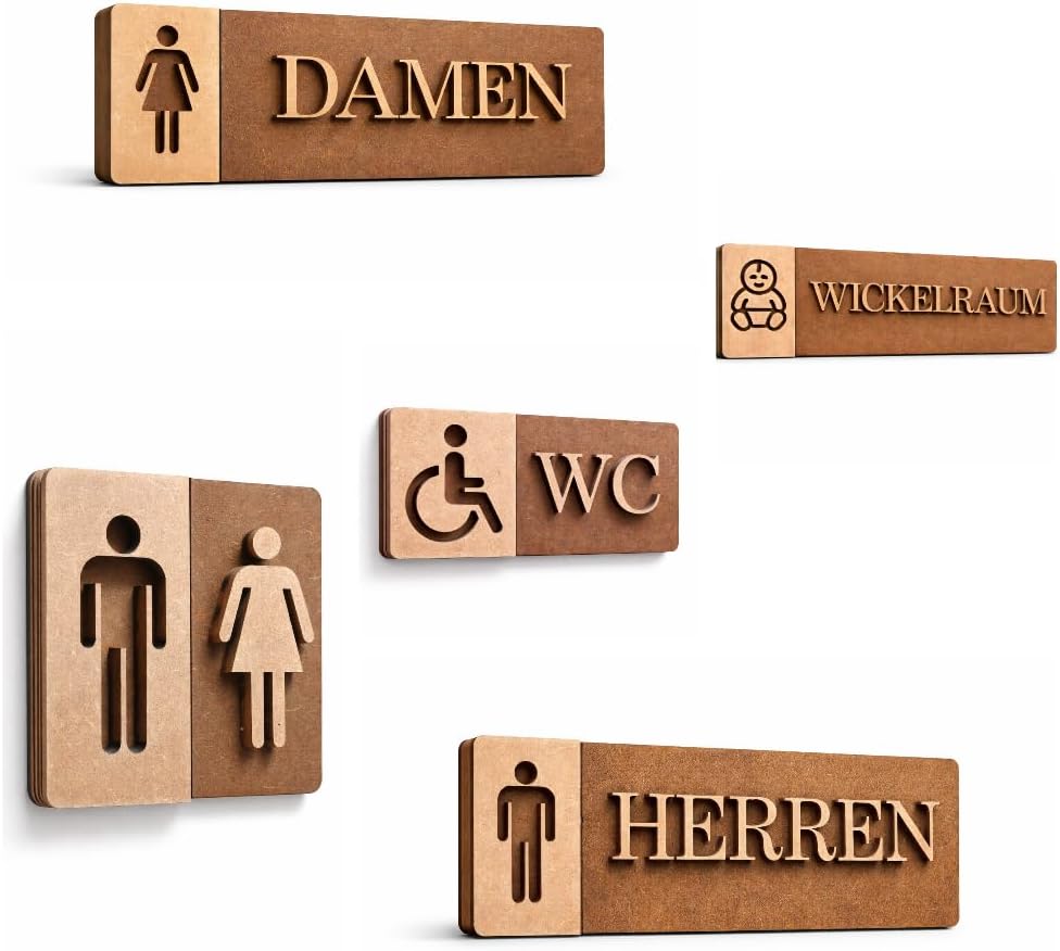 3D WC Schild Dunkel Nussbaum Holz – Elegantes Toilettenschild Set für stilvolle Türbeschilderungen